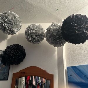 3 silver grey and 2 black PomPom decorative balls to hang. Bundle of 5. Dorm